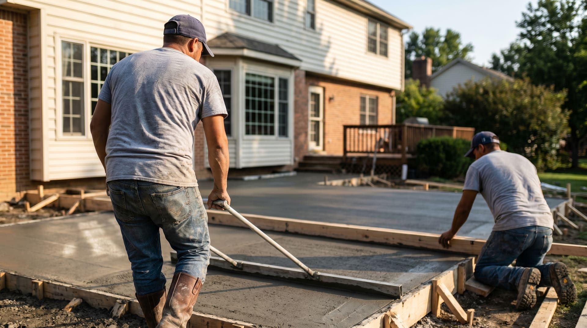 Two-person NextGen Masonry crew pouring a residential concrete patio behind a 1990s Plymouth Meeting Pennsylvania colonial home, viewed from behind, foreground crew member screeding wet concrete in a gray work shirt and ball cap, second crew member tending forms in the background
