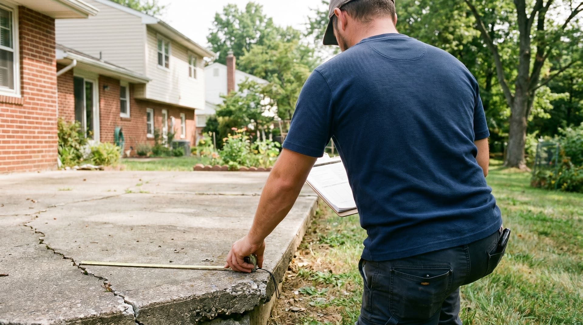 Matthew Bono kneeling slightly to inspect an existing cracked concrete patio behind a 1970s Plymouth Meeting split-level home with a tape measure in one hand and a clipboard in the other, viewed from behind