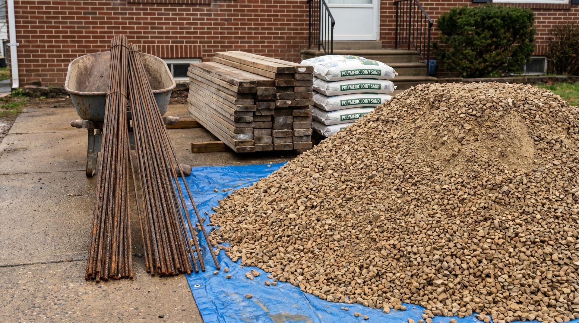 Materials staged on a Bridgeport rowhouse driveway: a 6-foot pile of tan compacted stone base (2A modified), a bundled stack of half-inch rebar leaning against a wheelbarrow, a stack of wood 2x4 form boards, polymeric joint sand bags, all on a tarp