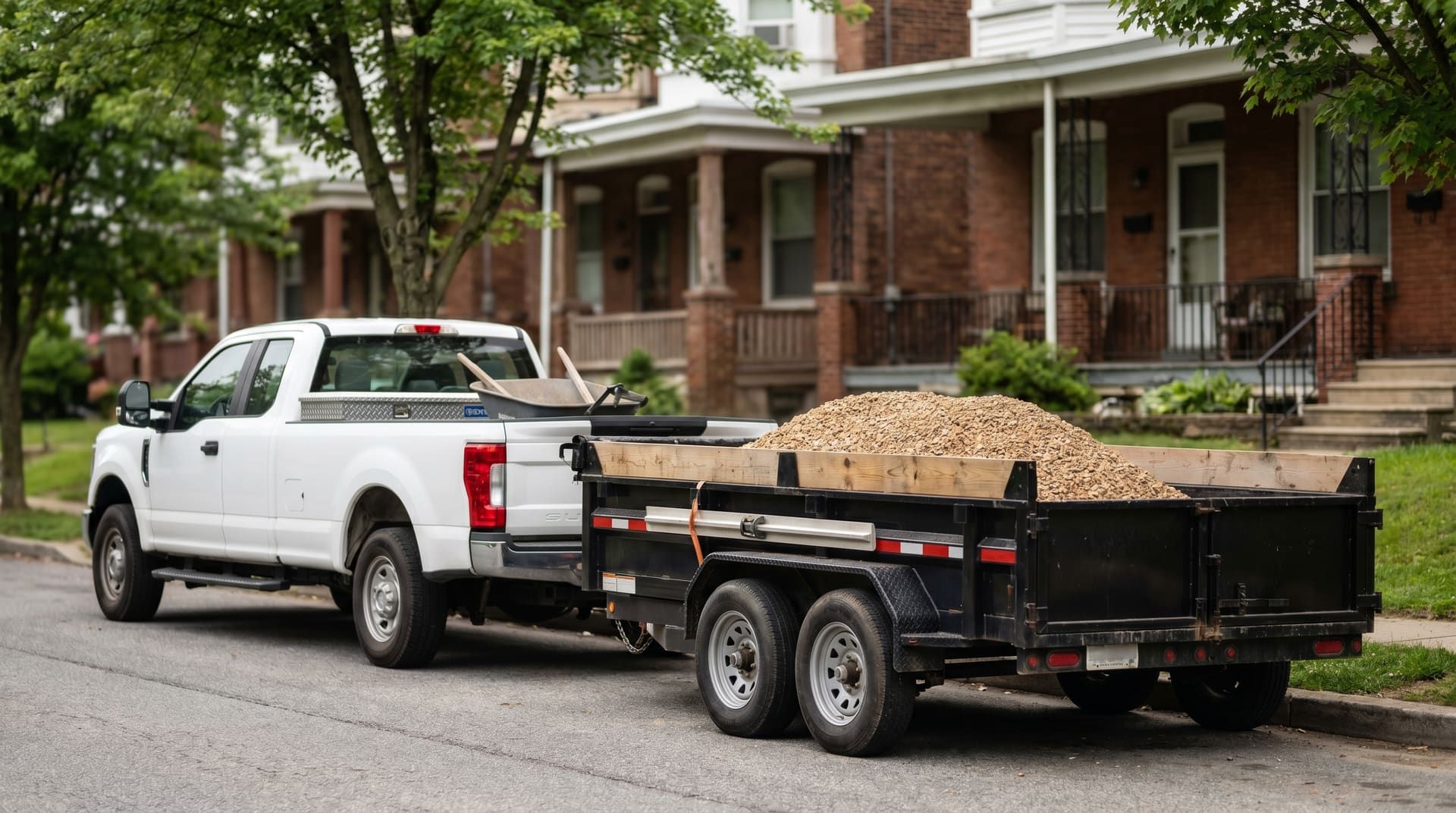White work pickup truck with dump trailer parked along the curb on a tree-lined Bridgeport Pennsylvania residential street, trailer loaded with tan compacted stone base (2A modified) and wood form boards, brick rowhouses in soft focus background