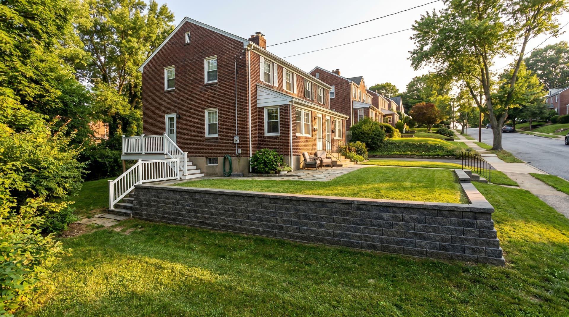 Brick twin home on a steeply sloped Conshohocken Pennsylvania hillside lot with a finished segmental block retaining wall holding back the upper grade and a level lawn with a small flagstone patio above