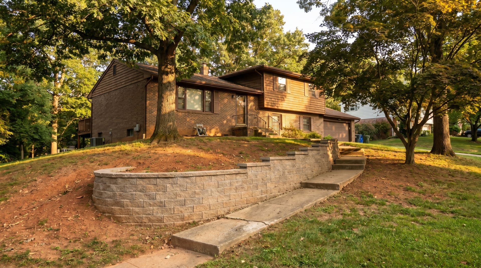 1970s brown-brick split-level home in the Gulph Mills section of King of Prussia perched on a noticeable slope, with a finished tan-gray segmental block retaining wall managing a 4-foot grade change and a poured concrete walkway descending alongside the wall