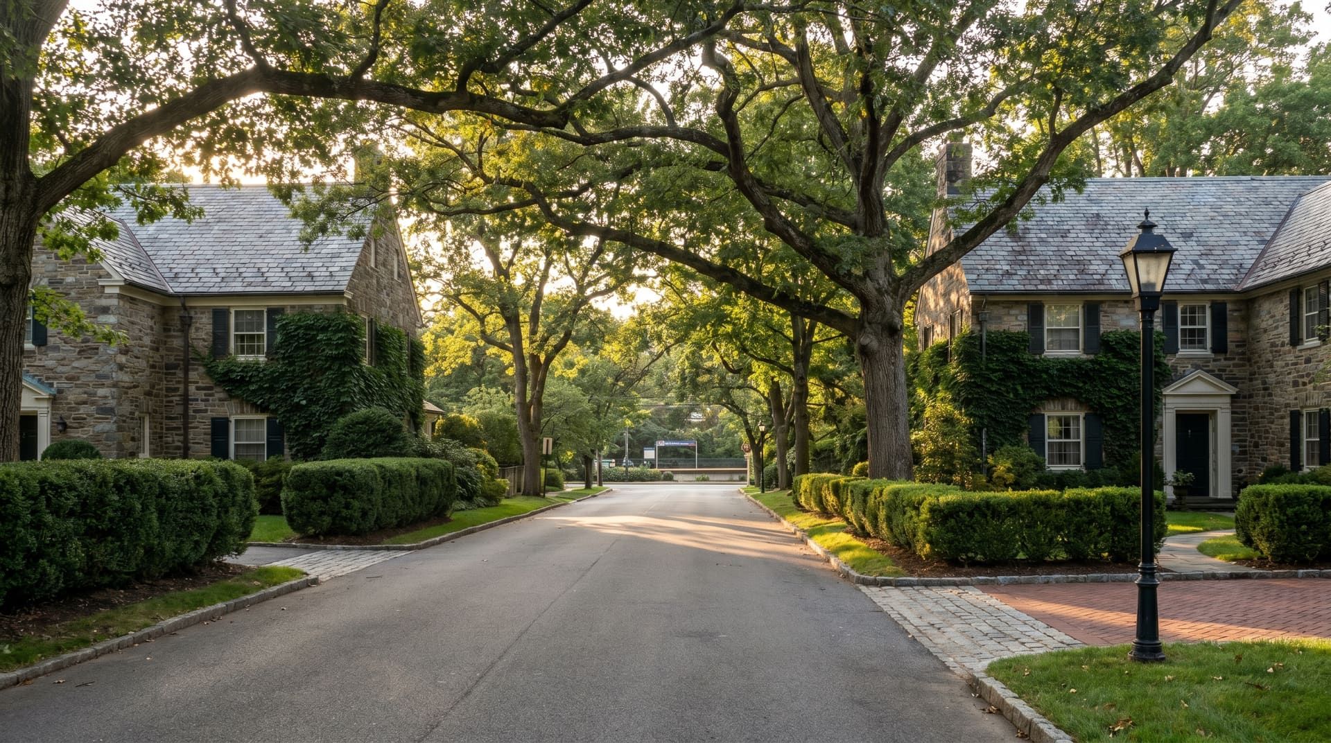 Tree-lined Bryn Mawr Lower Merion residential street near the SEPTA Regional Rail station with mature oaks arching overhead, two stone Main Line colonial homes with slate roofs and ivy, boxwood hedges, a black wrought-iron lamppost, late afternoon golden-hour light through the canopy