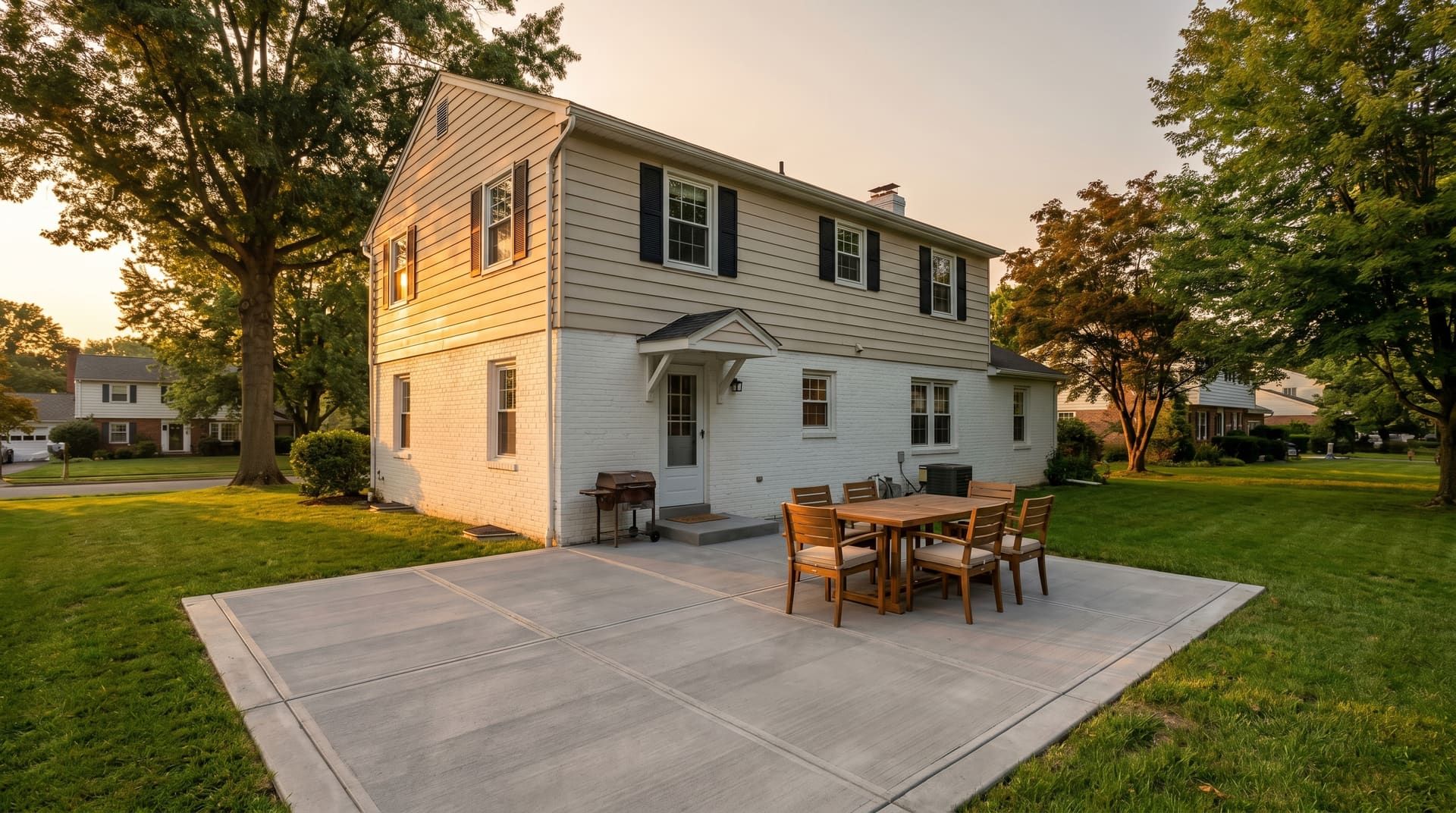 1965 postwar Colonial-revival home in Plymouth Meeting Pennsylvania with white painted brick lower level and beige clapboard upper level, with a new concrete patio and 6-seat dining table in the rear yard at golden hour