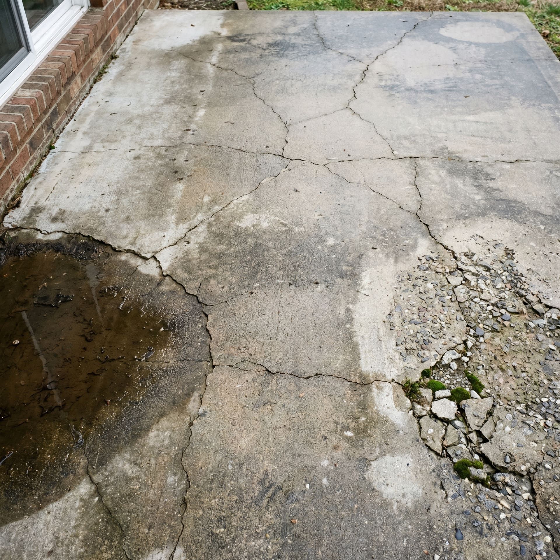 Failed concrete patio with random spiderweb cracks branching across the surface, settled corner with water pooling against the house foundation, partial spalling at one edge