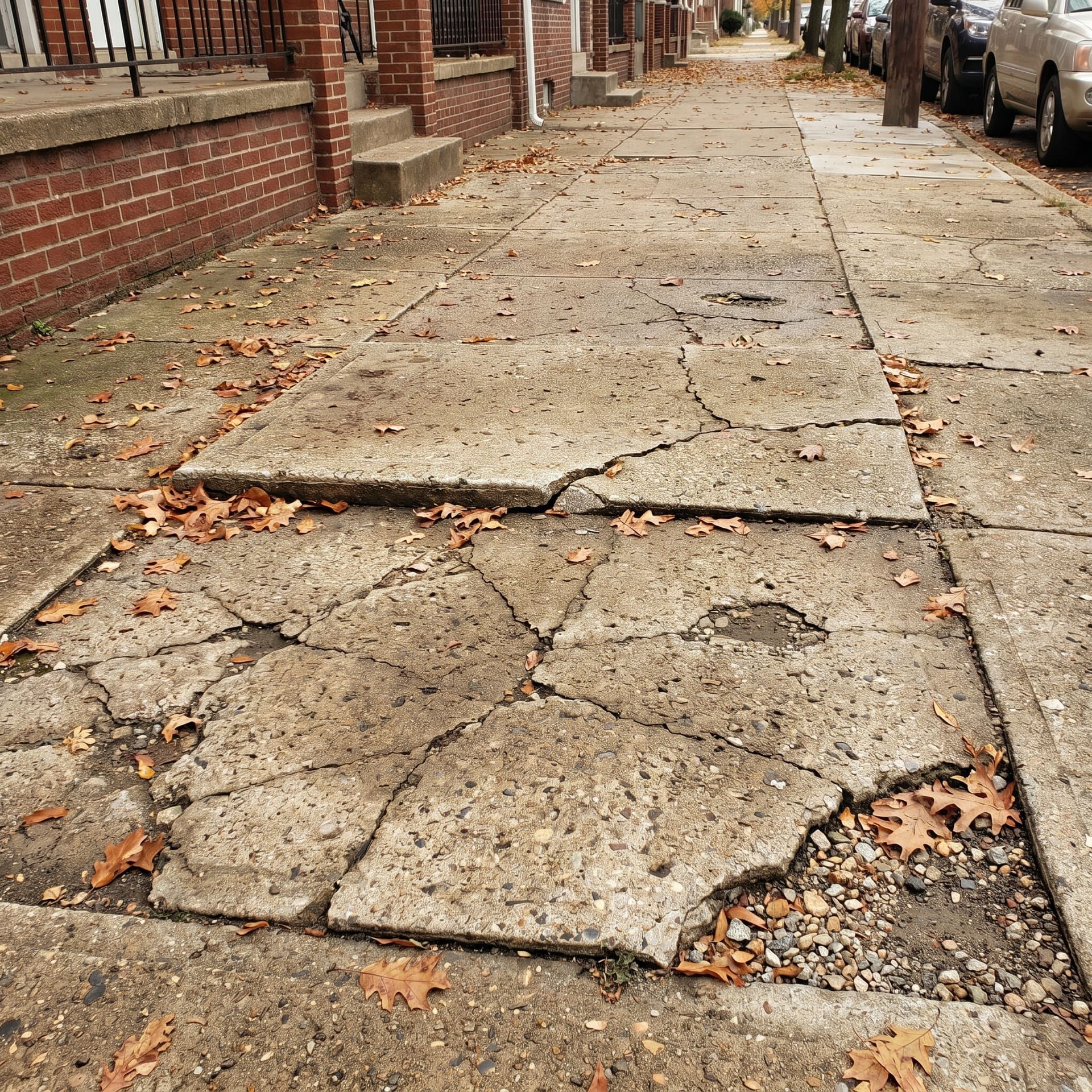 Failed public sidewalk panels in front of a Pennsylvania rowhouse, one panel raised an inch higher than the next at the joint creating a tripping hazard, with random cracks and crumbling corners