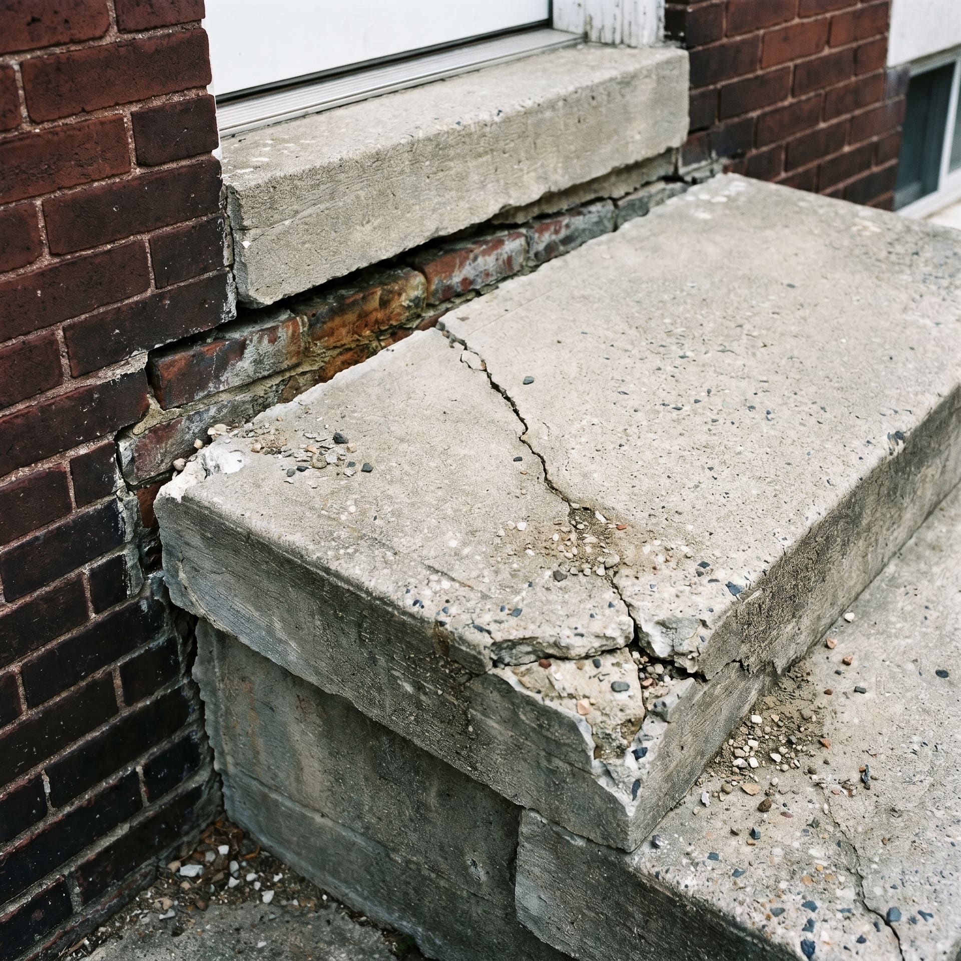 Failed concrete front stoop on an older Pennsylvania brick rowhouse showing a 2-inch gap where it has heaved away from the house foundation, tilted forward with spalling tread edges and missing corner chunks