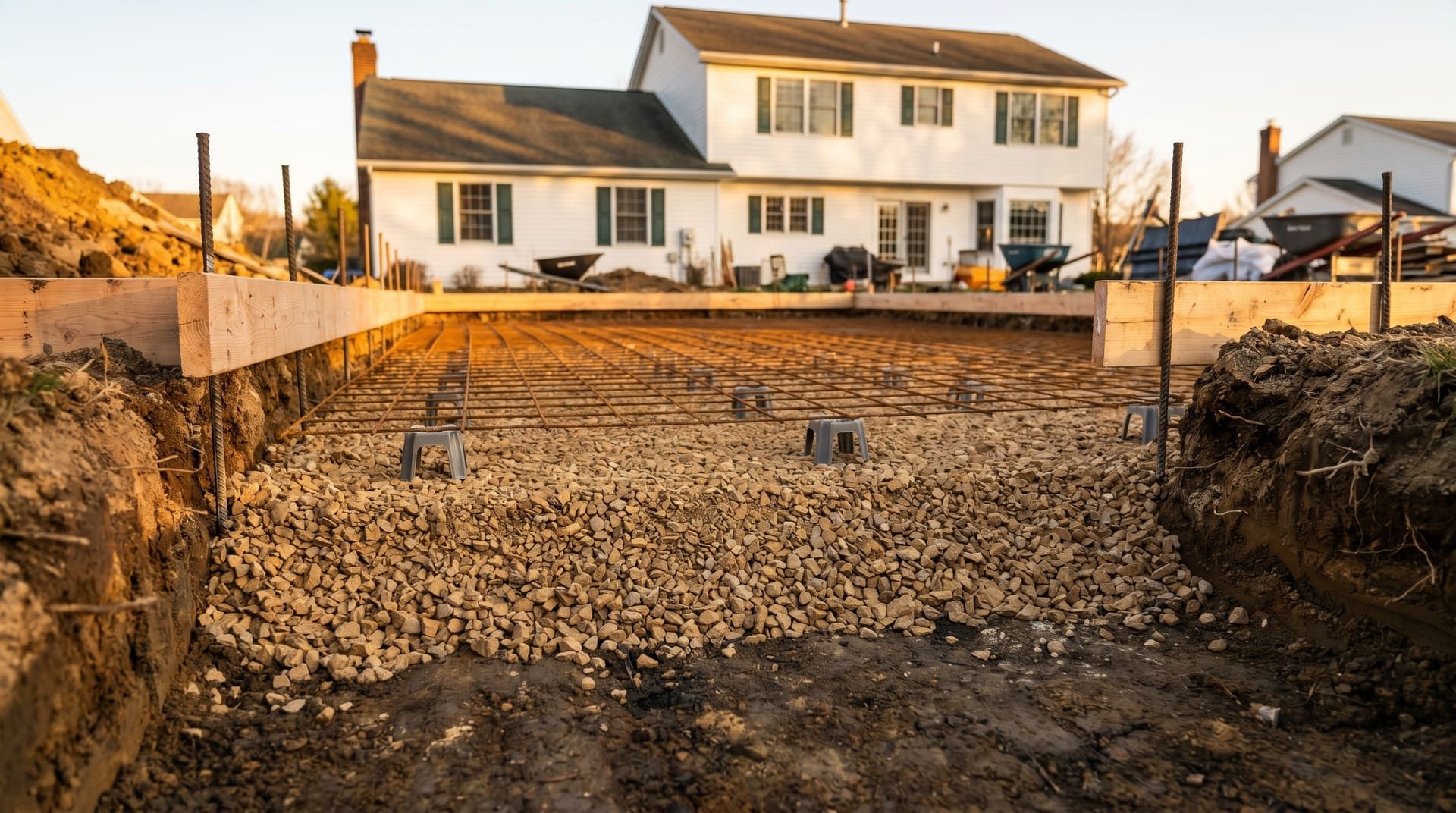 Mid-construction backyard patio in suburban Pennsylvania before the concrete pour, showing the excavated rectangular pit with packed crushed stone base, wire mesh reinforcement on chairs, and wood forms staked around the perimeter at finish grade