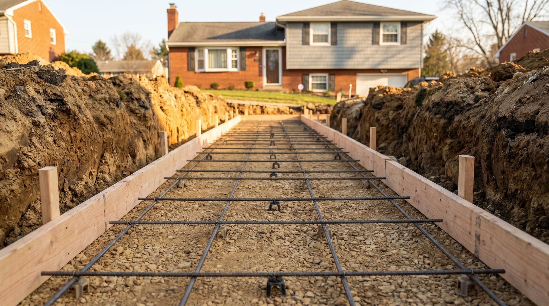 Mid-construction residential concrete driveway replacement at a 1970s suburban Pennsylvania split-level home, showing a deeply excavated driveway pit with packed crushed stone base, half-inch steel rebar grid spaced 18 inches apart on plastic chairs, and wood forms staked along both sides at finish grade