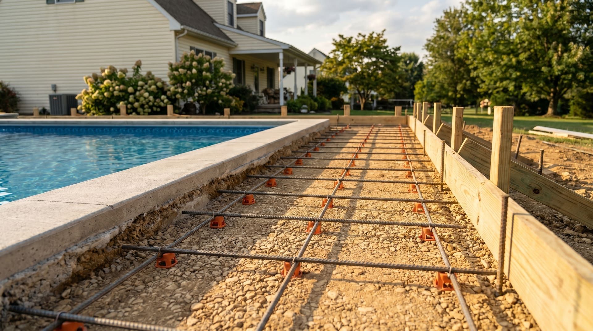 Mid-construction concrete pool deck adjacent to an in-ground swimming pool in a suburban Pennsylvania backyard, showing rebar grid on plastic chairs over compacted stone base with the pool's coping edge and clear blue water visible to the left and wood forms staked along the right edge at finish grade
