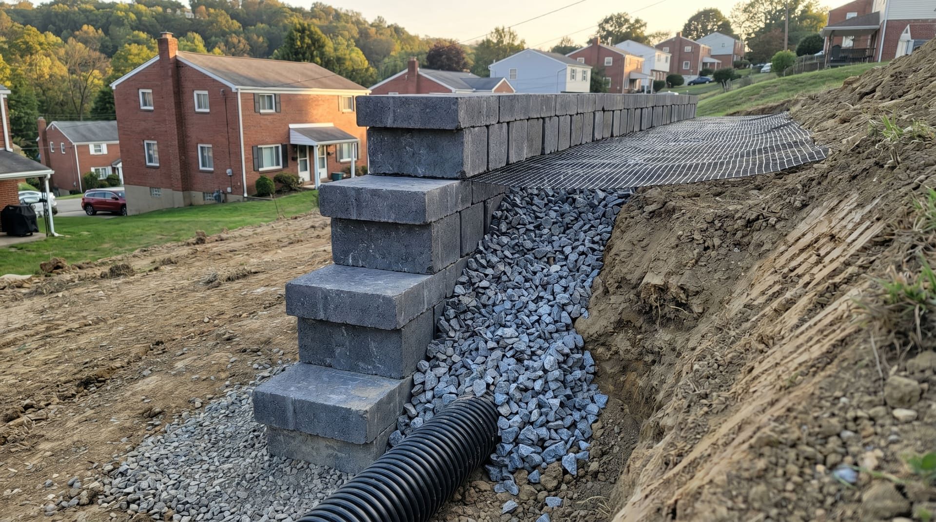 Mid-construction segmental concrete block retaining wall on a sloped suburban Pennsylvania backyard, showing dry-stacked charcoal-gray blocks with a slight backward lean, a 12-inch wide column of clean angular drainage stone behind the wall, a black perforated drain pipe at the base, and a layer of geogrid mesh extending into the retained soil