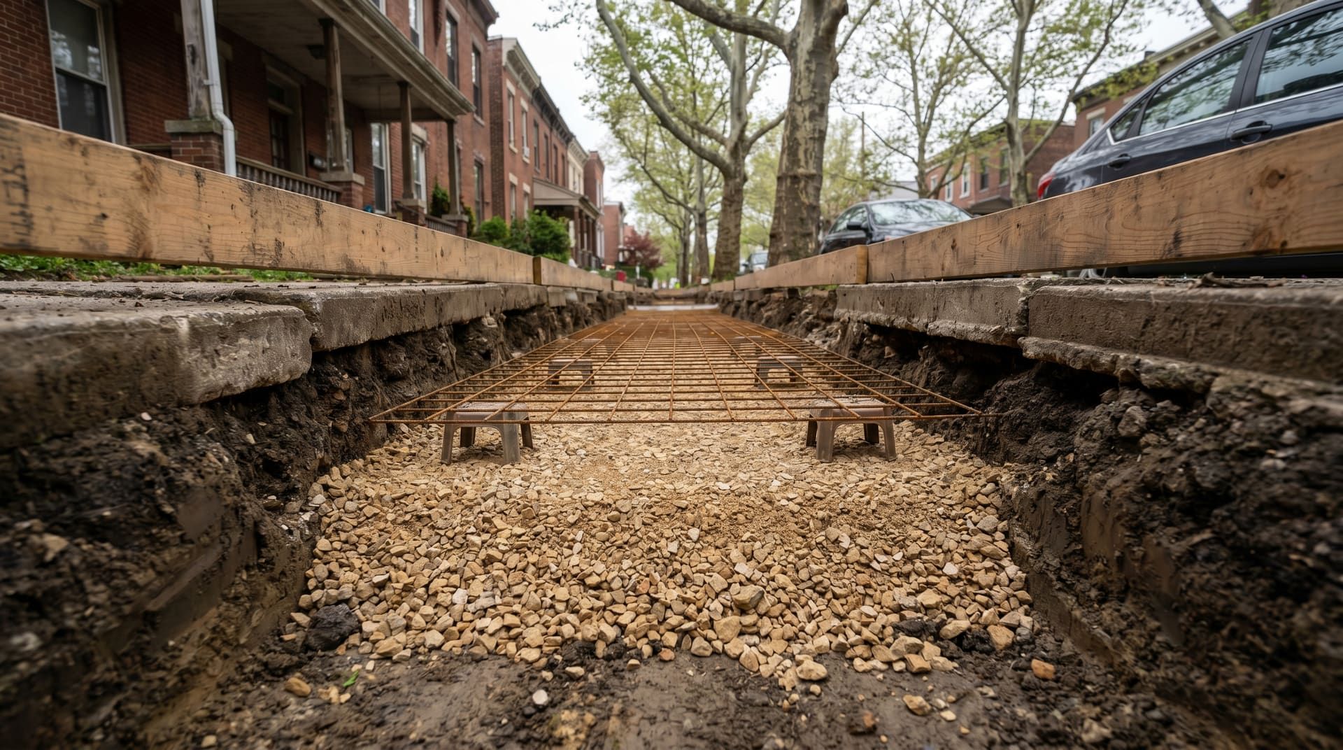 Mid-construction residential public sidewalk replacement on a tree-lined Pennsylvania borough street, showing a freshly excavated trench between aged neighboring concrete sidewalk panels with packed crushed stone base, wire mesh reinforcement on chairs, and wood forms staked along both sides at finish grade