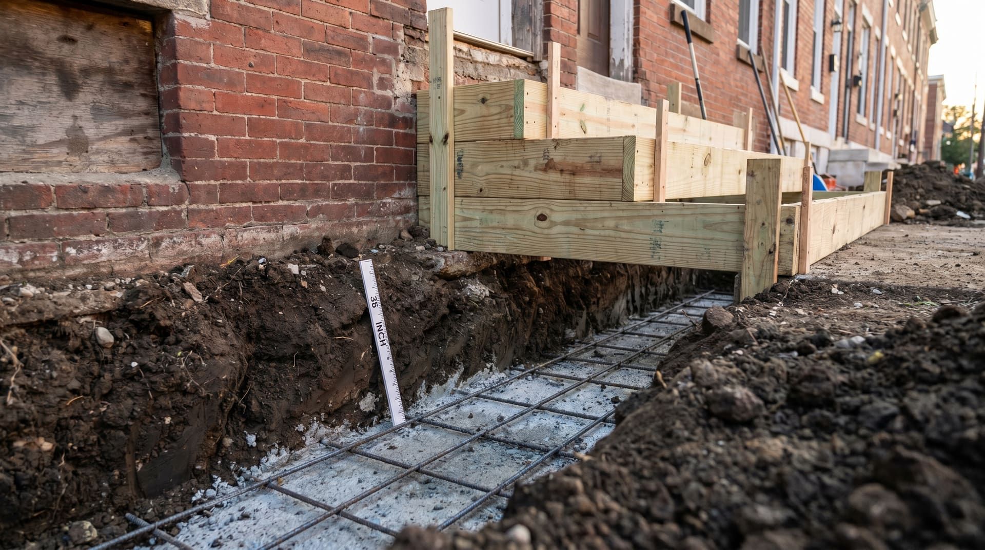 Mid-construction front stoop rebuild at a Pennsylvania brick rowhouse, showing a 36-inch deep footing trench dug below the frost line directly against the brick foundation wall with a partially poured concrete footing containing steel rebar at the bottom and wood forms staked above ground for the step risers and treads