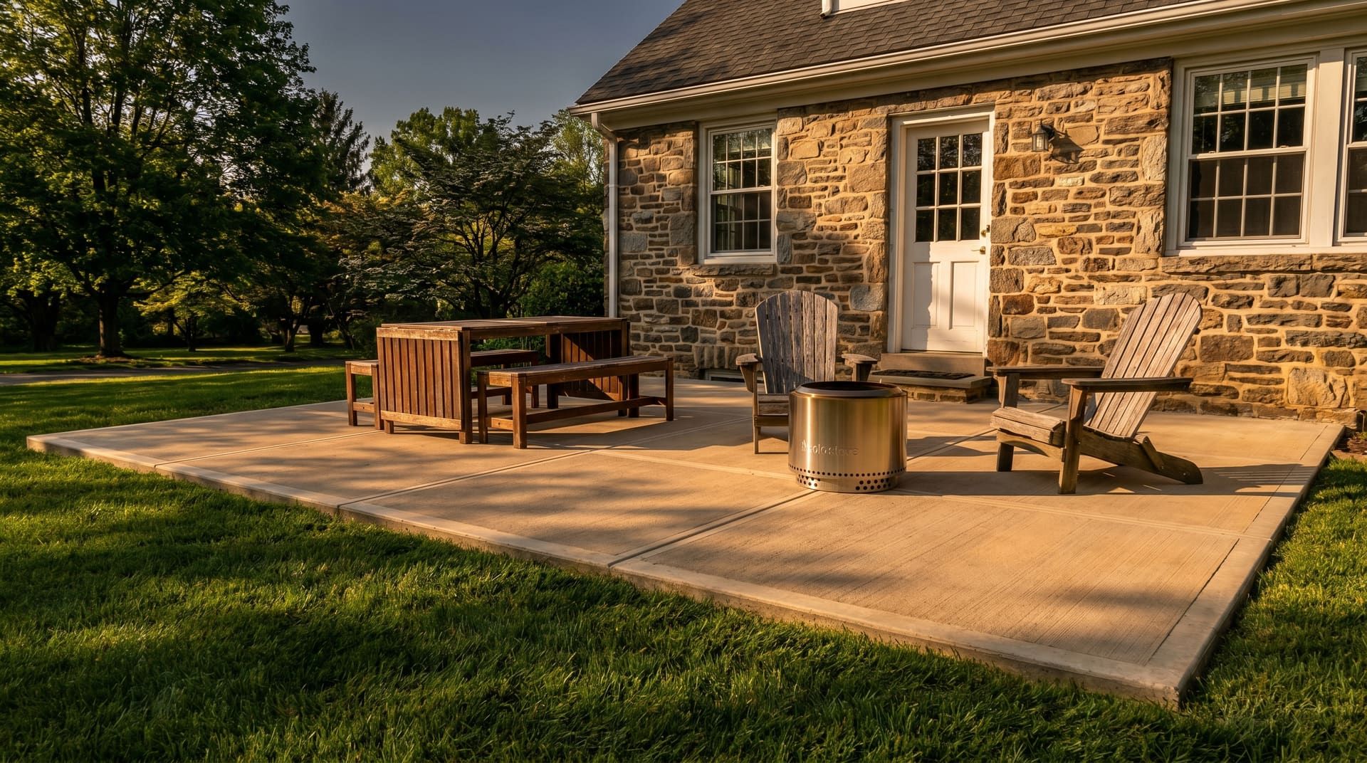 Finished broom-finish concrete patio with a wood dining table, Adirondack chairs, and a Solo Stove fire pit, behind a 1920s Pennsylvania stone Main Line colonial home in Bryn Mawr at golden hour