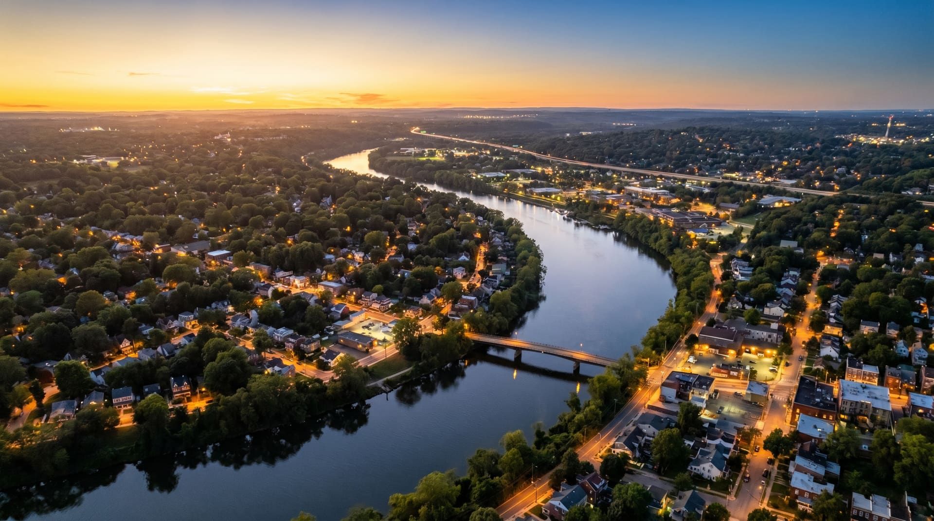 Aerial view at sunset of a bend in the Schuylkill River where it passes between Bridgeport and Conshohocken Pennsylvania, with the lights of small river boroughs starting to come on, mature tree canopy across residential blocks, and the Schuylkill Expressway visible as a thin line in the distance