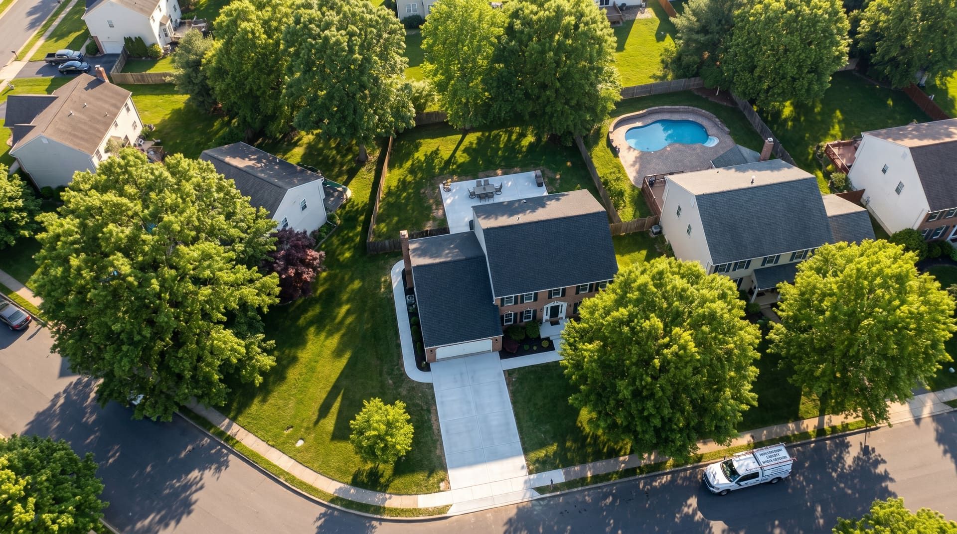 Aerial view of a typical Lower Montgomery County Pennsylvania residential block in late spring with a freshly poured concrete driveway, a backyard concrete patio with patio furniture, and a paver pool deck around an in-ground pool, all stitched together by mature green tree canopy