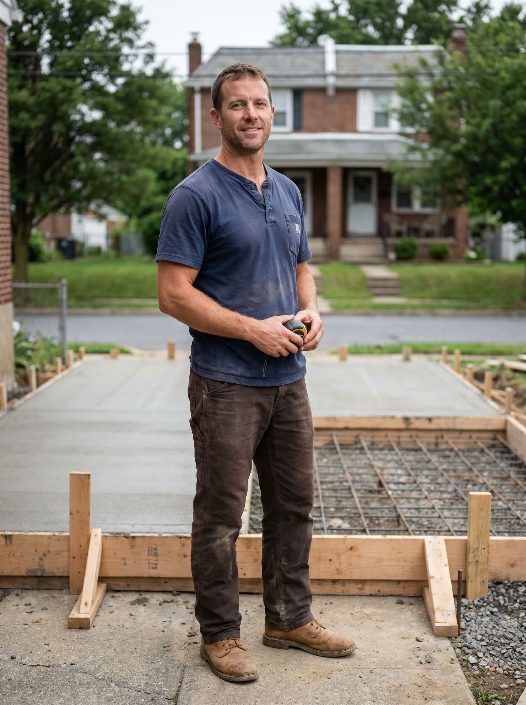 Matthew Bono, owner of NextGen Masonry, standing on a Bridgeport Pennsylvania residential jobsite in a navy work Henley with a tape measure in hand, with a half-finished concrete patio with wooden forms behind him