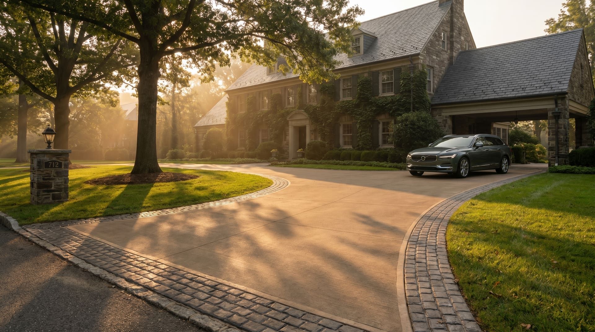 Long curved decorative concrete driveway with a stamped Belgian-block border running up to a 1925 Lower Merion stone Main Line colonial home with slate roof and ivy, mature oaks shading half the driveway at late afternoon golden hour