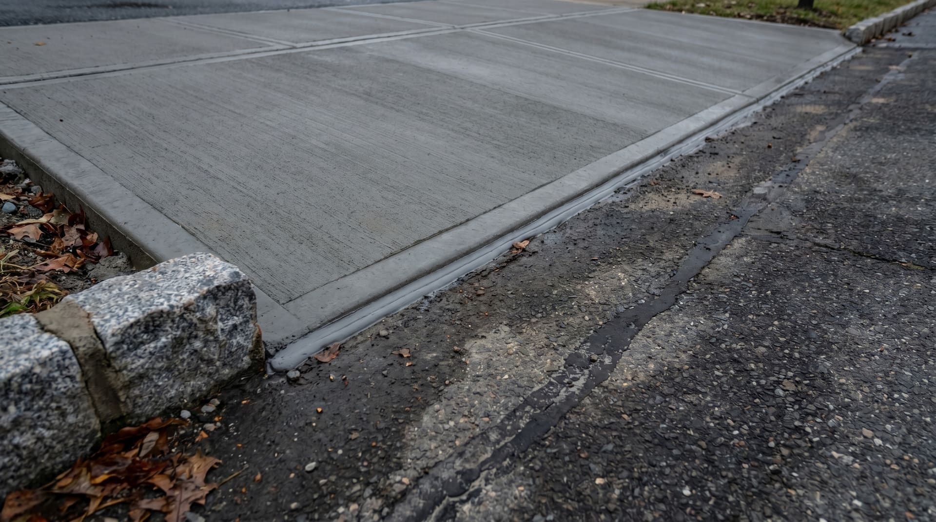 Concrete driveway with freshly cut control joints on planned 8-foot grid