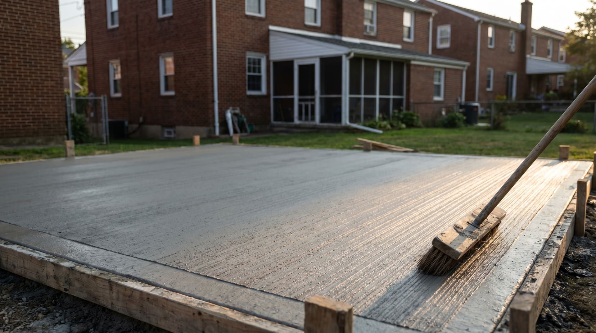 Crew finishing concrete patio surface with magnesium float at golden hour