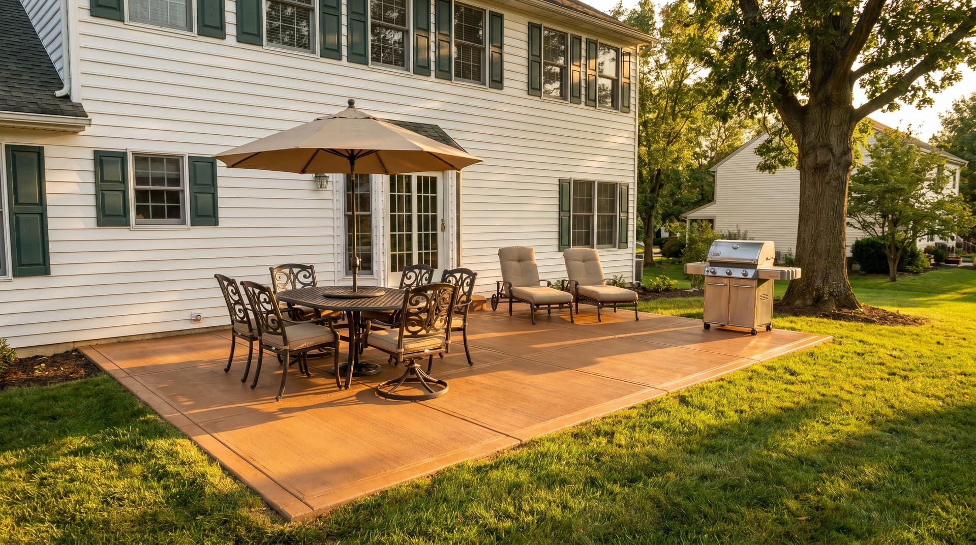 Finished broom-finish concrete patio behind a Main Line stone colonial