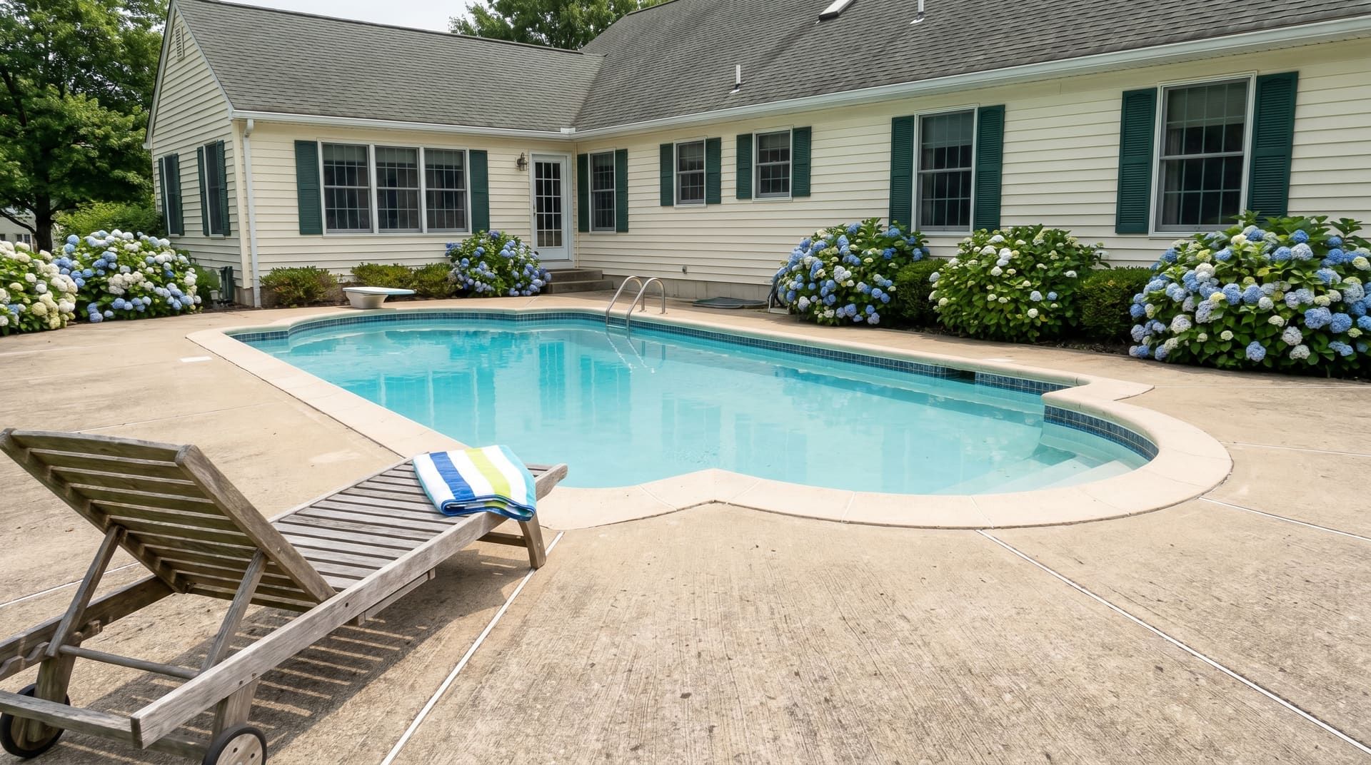 Broom-finish concrete pool deck around a kidney-shaped in-ground pool behind a 1980s Plymouth Meeting Cape Cod home with cream clapboard, with a pool lounger and folded beach towel and mature blue and white hydrangeas in bloom along one edge