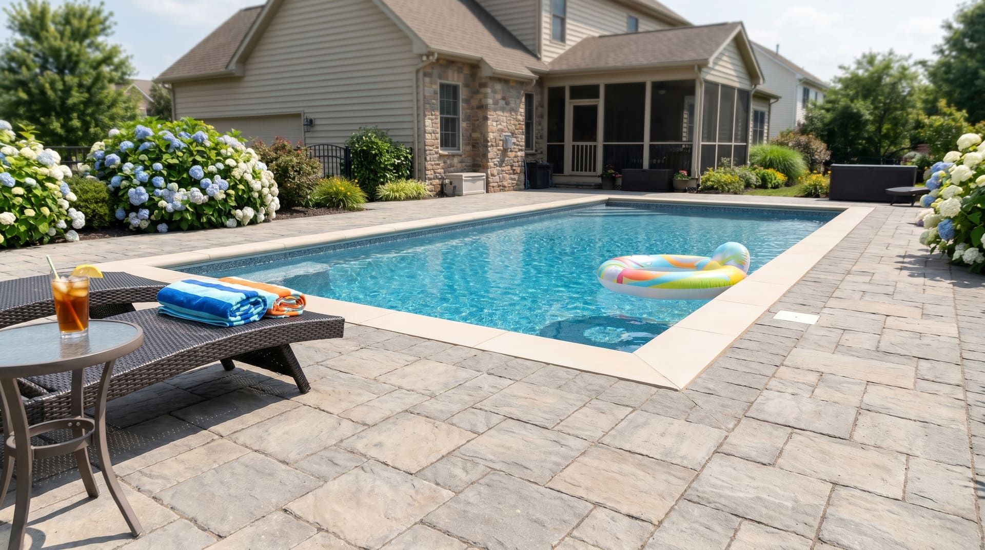 Resurfaced concrete pool deck with broom-finish texture and bluestone coping