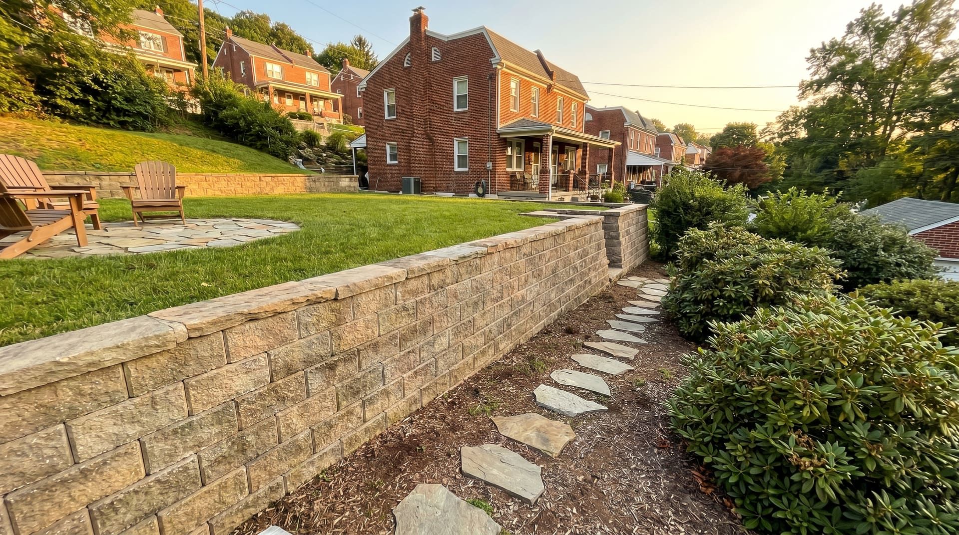 Finished tan-gray segmental block retaining wall stepping up a Conshohocken Pennsylvania hillside back yard with natural stone capstone, level lawn and small flagstone patio above, mountain laurel and rhododendron at the base, brick twin home and other hillside homes climbing the slope behind