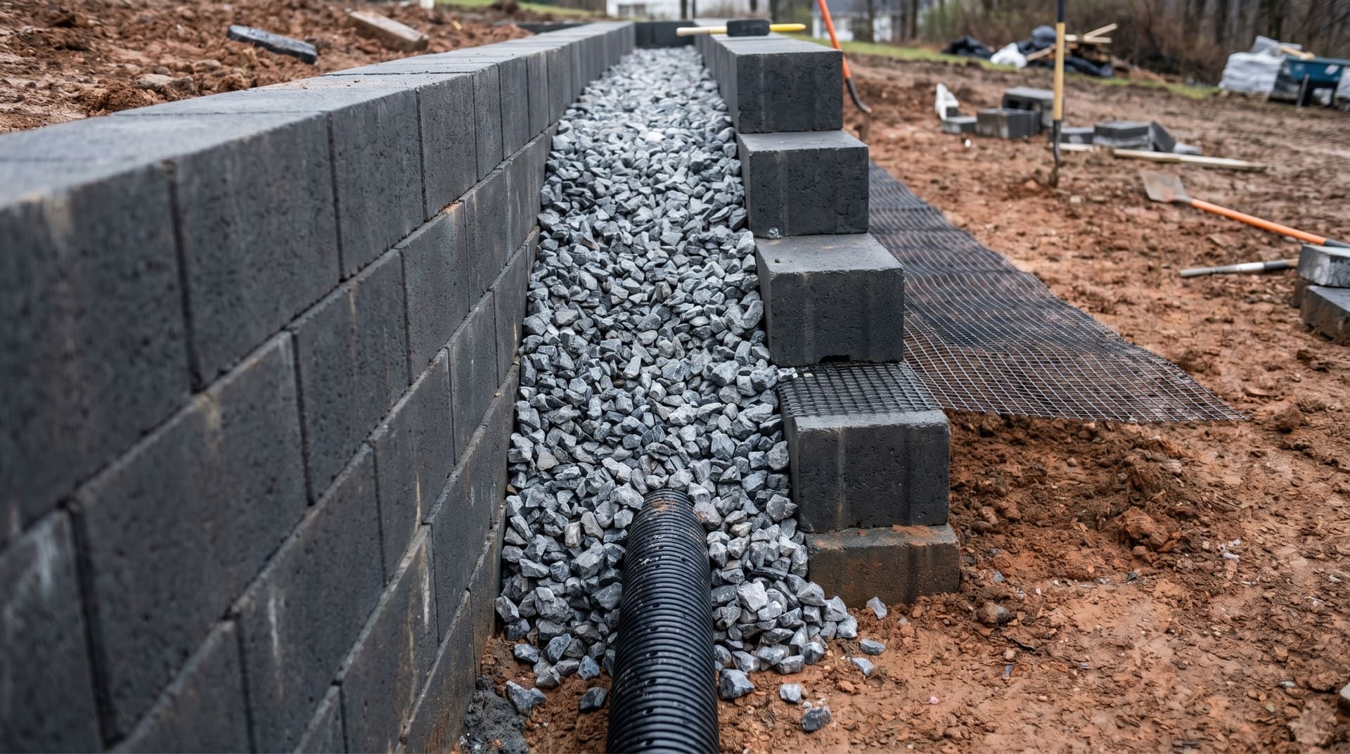 Course-by-course segmental retaining wall installation against a hillside