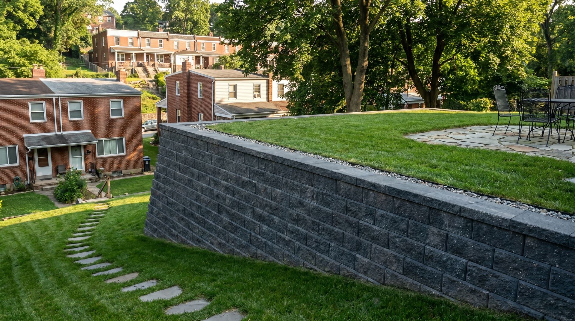 Engineered segmental block retaining wall managing a sloped backyard grade change
