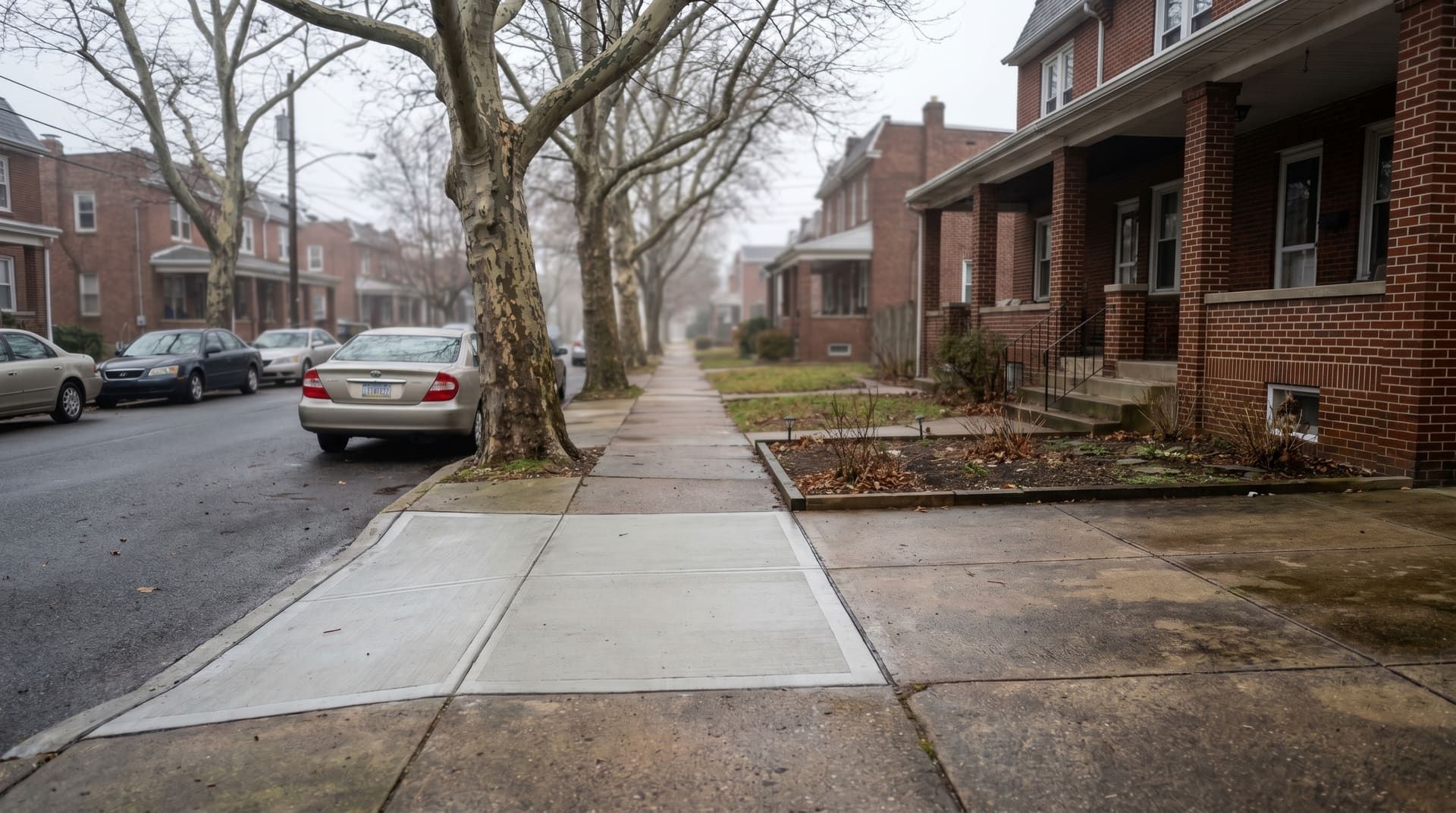 Fresh poured-concrete public sidewalk panel in front of a 1920s Norristown brick rowhouse with tooled-edge finish and crisp control-cut joints, the new panel slightly lighter than the aged neighboring panels, mature sycamore street trees