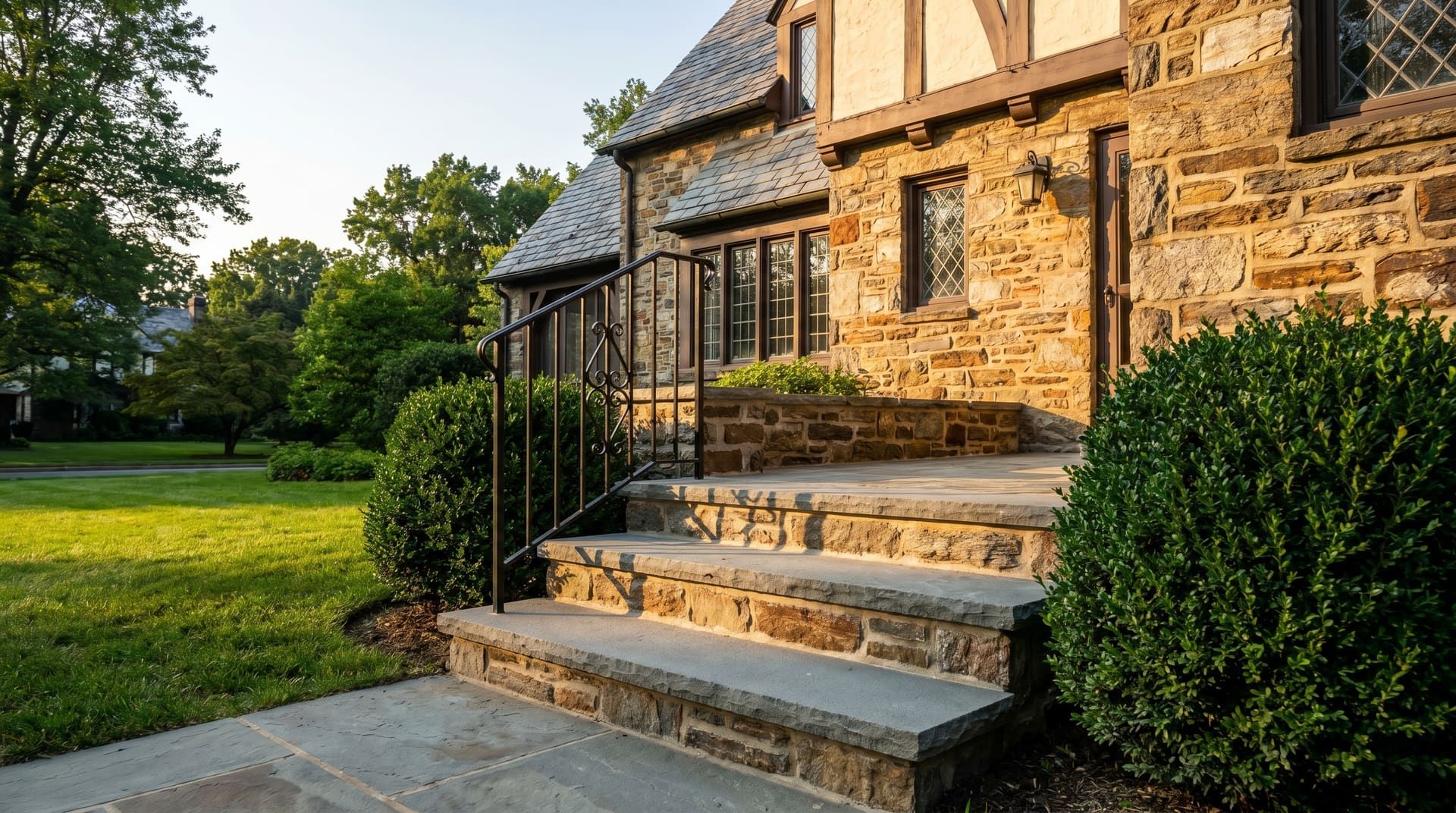 Finished Pennsylvania bluestone front steps on a 1920s Lower Merion Tudor Revival stone home — three steps with bluestone treads on a poured concrete substrate, fieldstone risers matching the home's stone facade, black wrought-iron handrail, boxwood hedges flanking