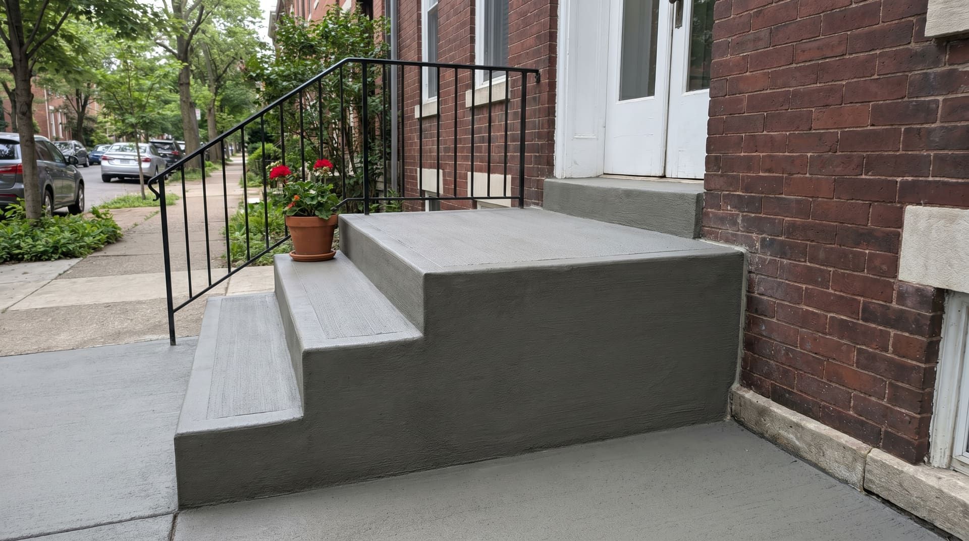 Rebuilt concrete front stoop with deep footing and matched-finish landing